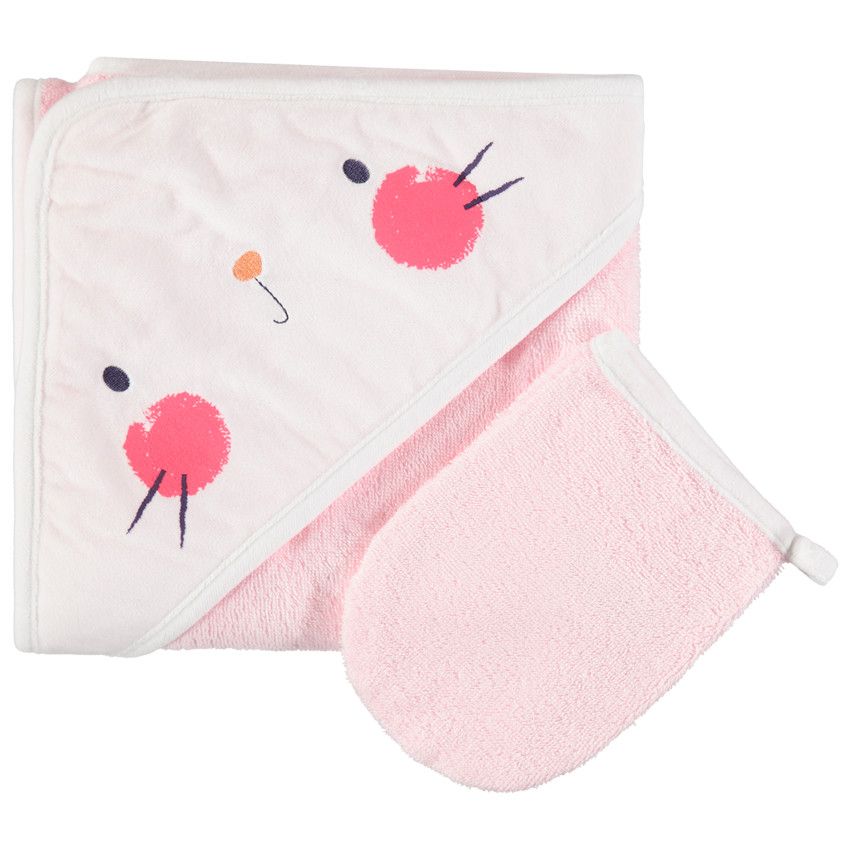 Set de bain en éponge avec chat printé et détails brodés - Rose