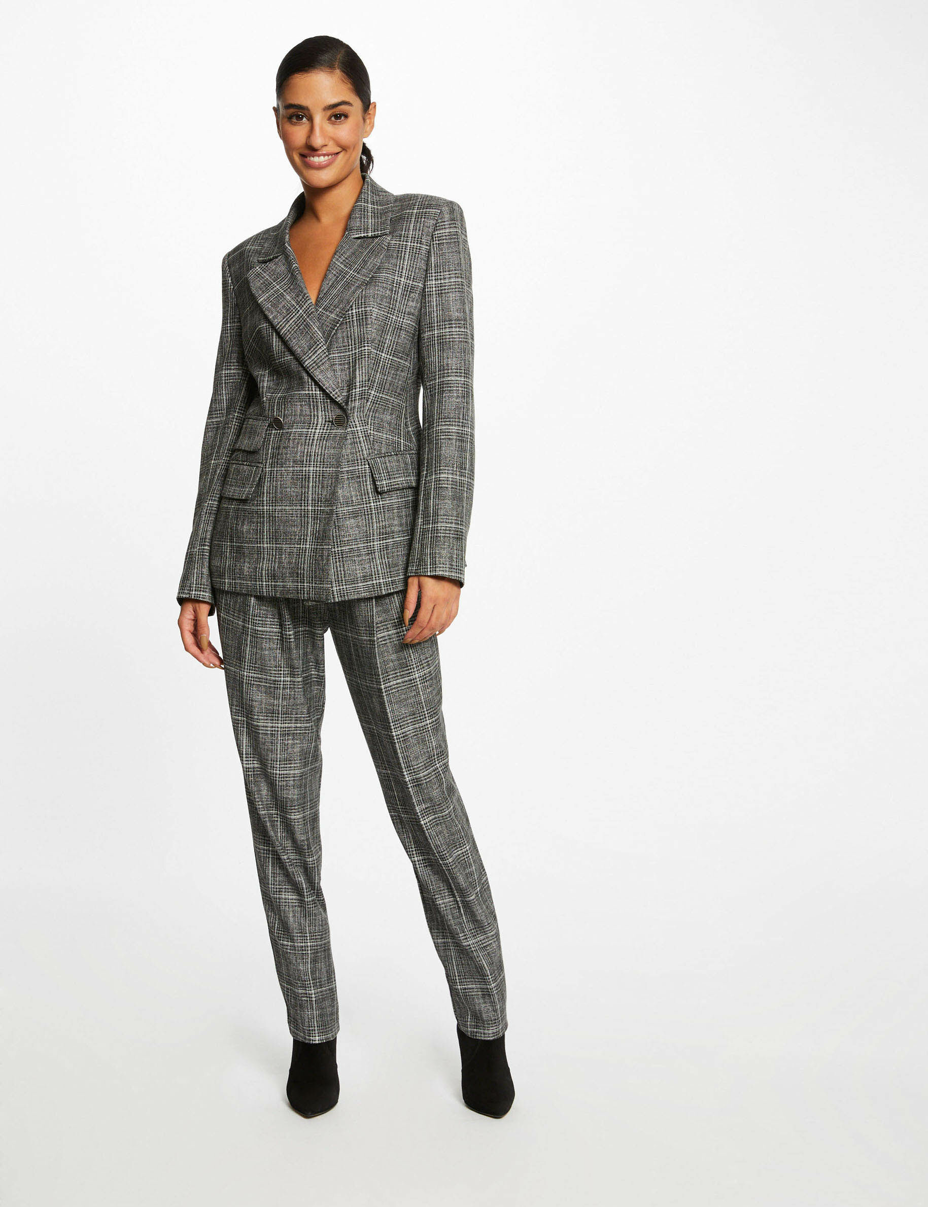 Veste tailleur city droite à carreaux gris moyen femme - gris_moyen