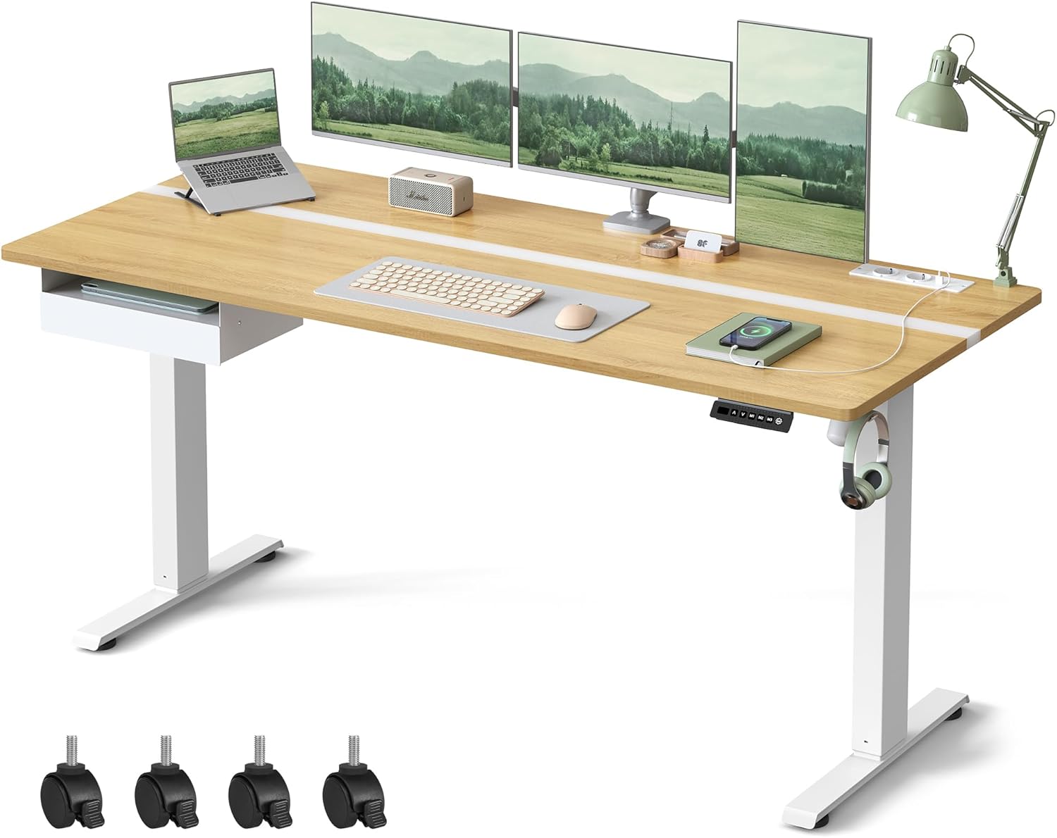 VASAGLE Höhenverstellbarer Schreibtisch elektrisch, 160 x 70 cm Tischoberfläche, Memory-Funktion mit 4 Höhen, mit Steckdosen und Stoffschublade, goldeichenfarben-wolkenweiß LSD116N01