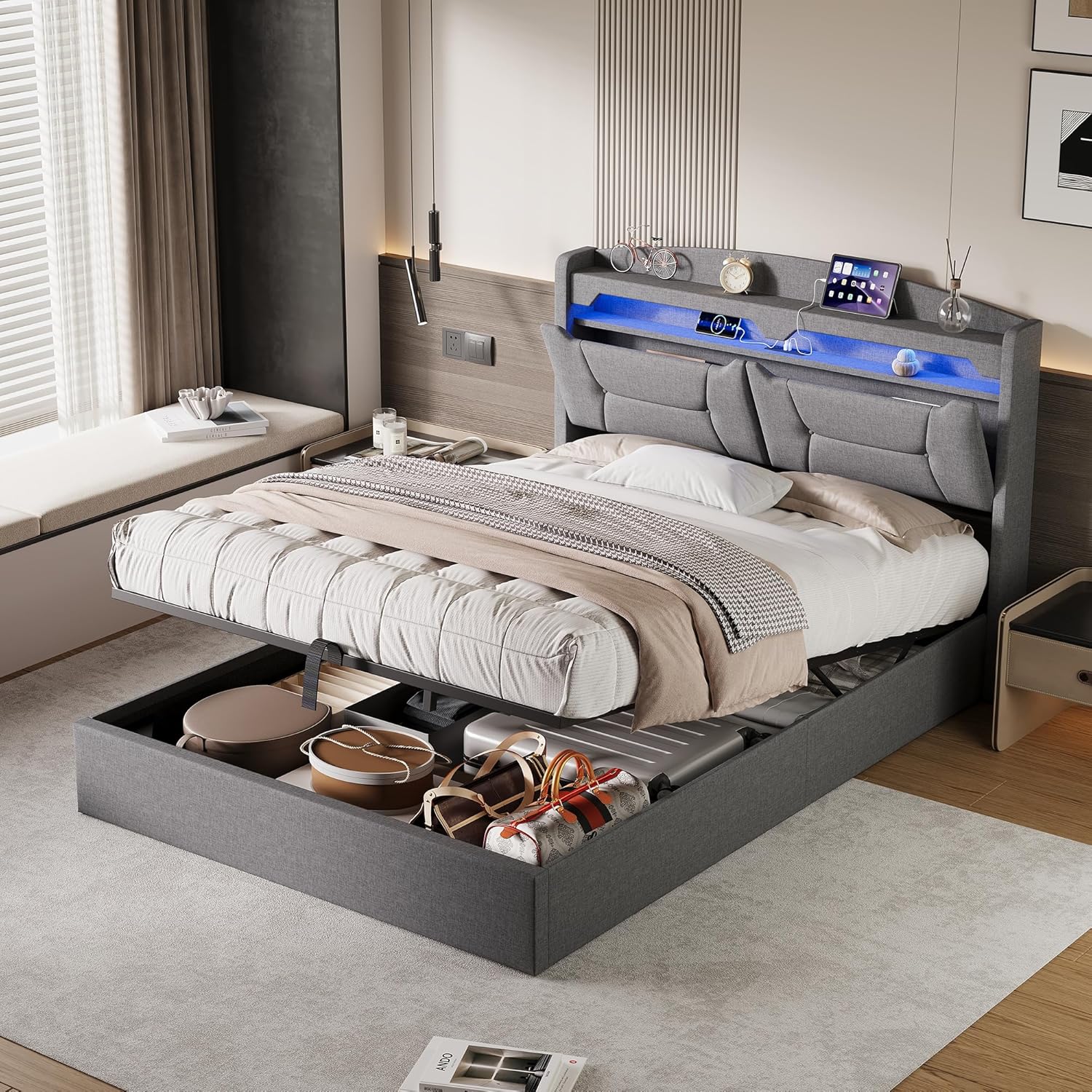 Polsterbett Doppelbett 140x200, LED Jugendbett Hydraulisch Bett mit Stauraum, LED-Kopfteil mit USB Typ-C & Staufach, Boxspringbett Bettgestell mit Lattenrost, Linen, Hellgrau, Ohne Matratze