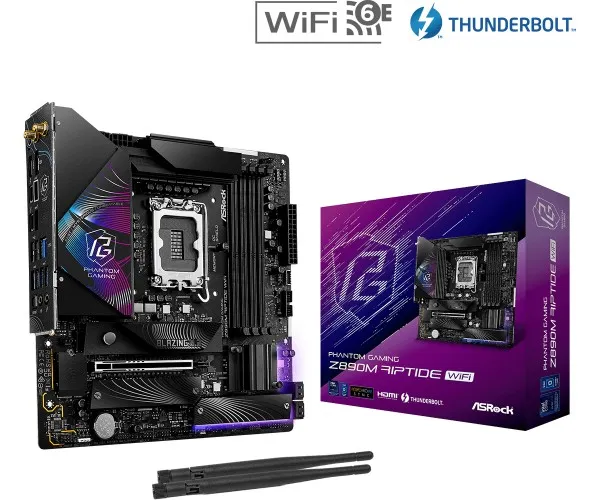 ASRock Phantom Gaming Z890M RIPTIDE WIFI - Bundkort - micro ATX - LGA1851 sokkel - Z890 Chipset - USB4, USB 3.2 Gen 2, USB 3.2 Gen 1 - 5 Gigabit Ethernet, Wi-Fi 6E, Bluetooth - onboard grafik (CPU påkrævet) - HD Audio (8-kanaler)