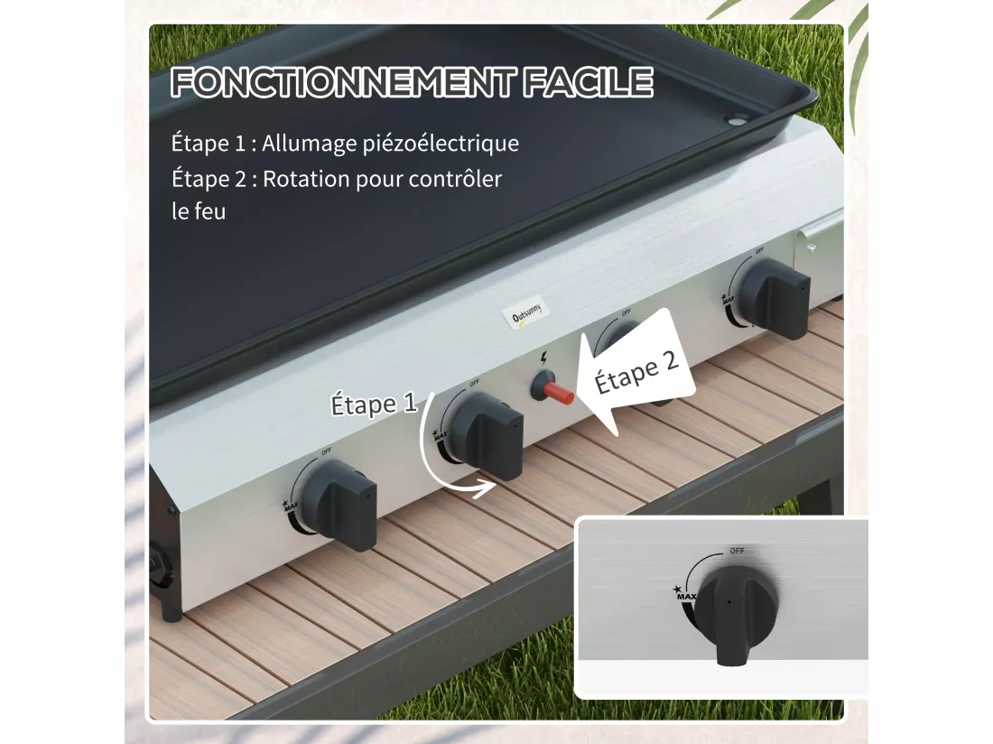 Plancha gaz portable antiadhésive 4 brûleurs 9,6 kW surface cuisson 73L x 34l cm acier inox émaillé