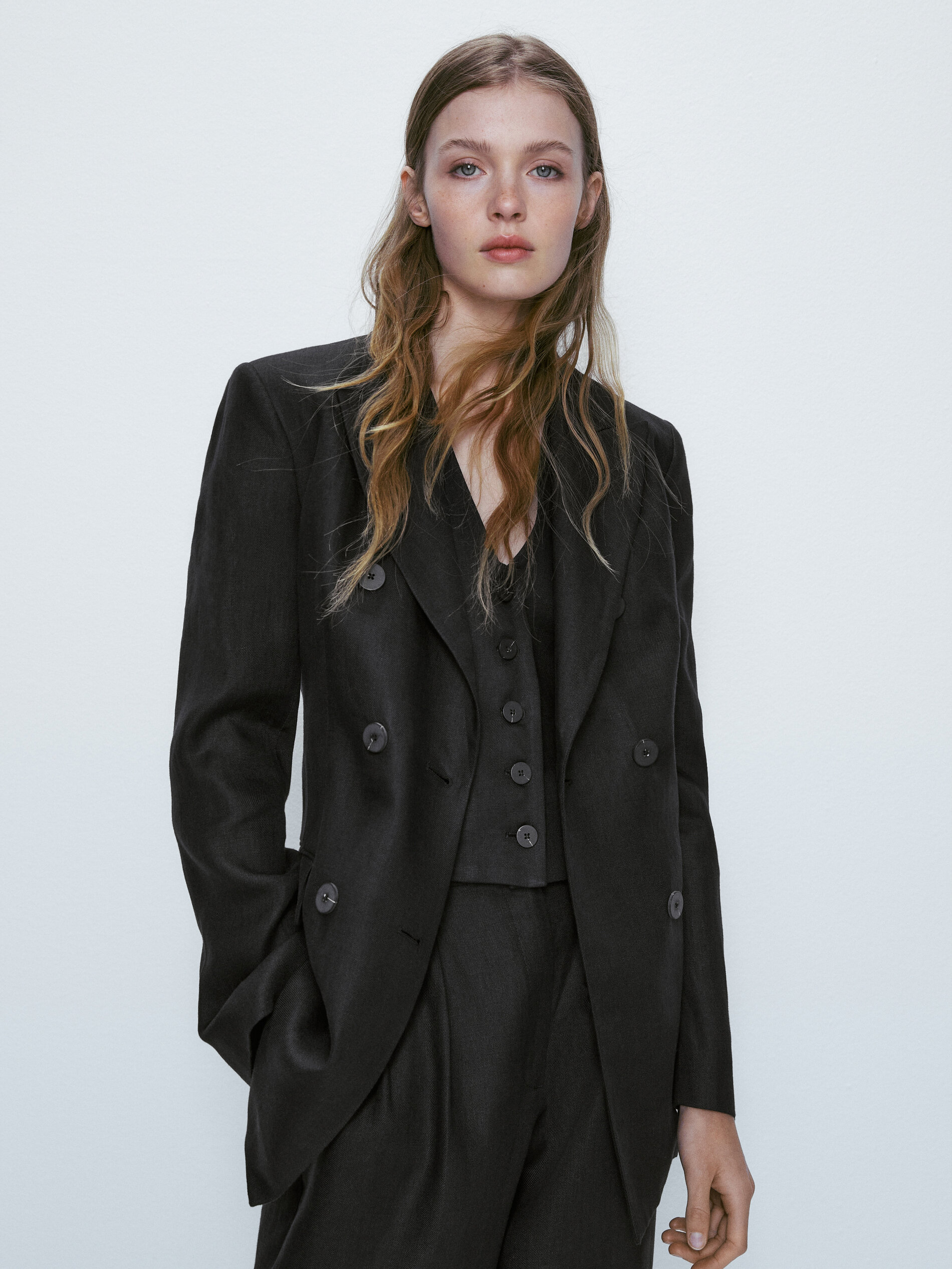 Americana traje cruzado 100% lino - NEGRO