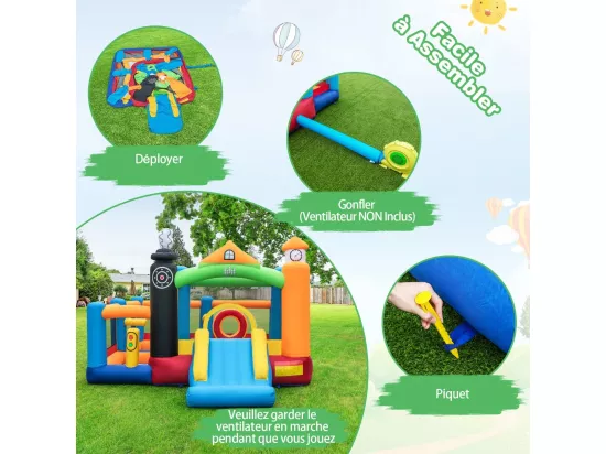 5 en 1 Château Gonflable avec Toboggan, Aire de Jeux Gonflable avec Thème de Train, 3 Fosses à Balles, Panier de Basketball, 50 Balles Colorées (sans souffleur)