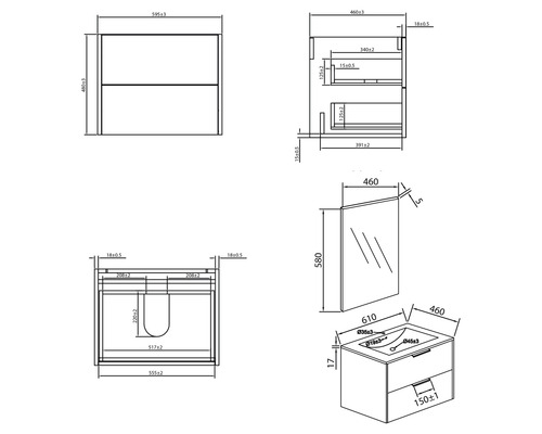 Badkamermeubelset Differnz Bolo 61 x 110 x 46 cm, frontkleur licht eiken, wastafel en spiegel wit, badmeubel