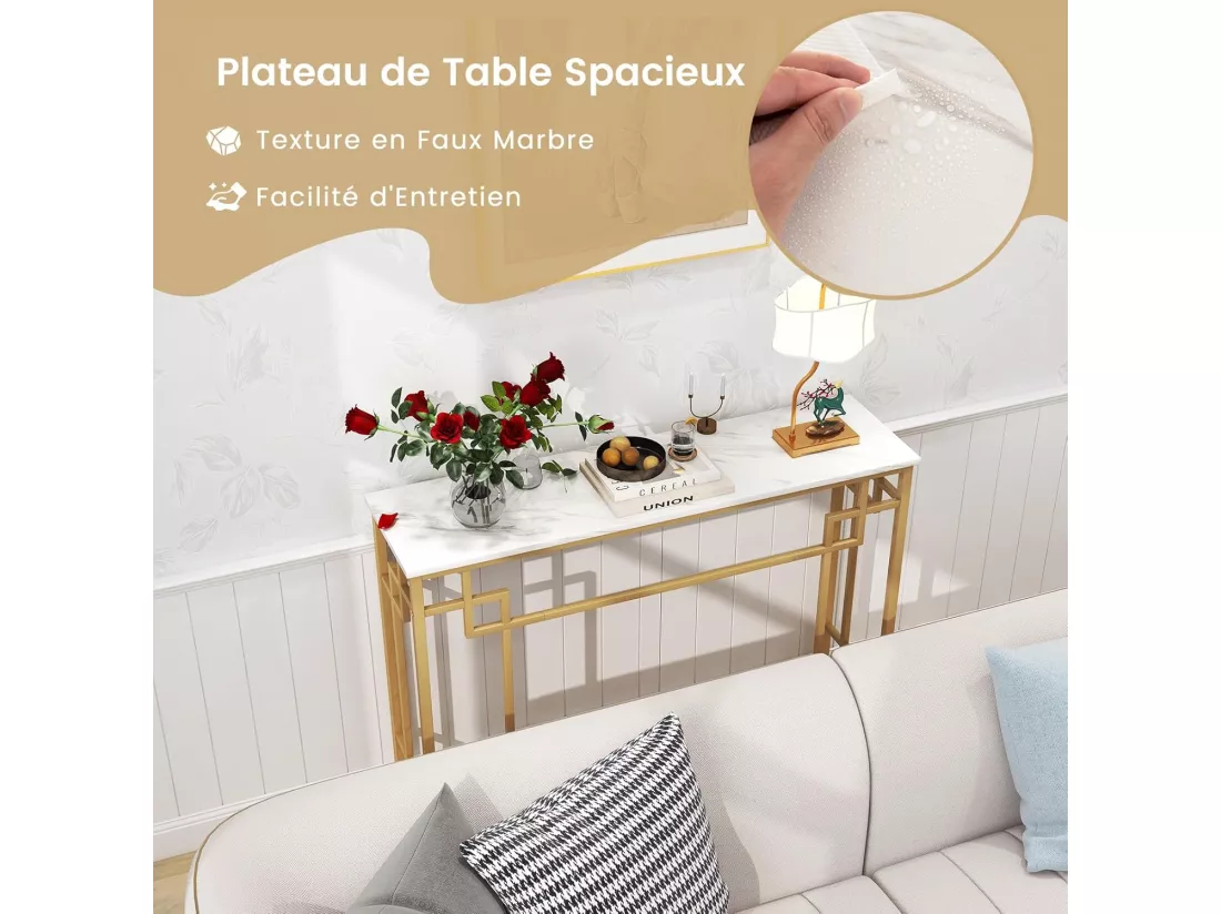Table console, en faux marbre, cadre en métal doré, design géométrique, 110 x 30 x 81 cm