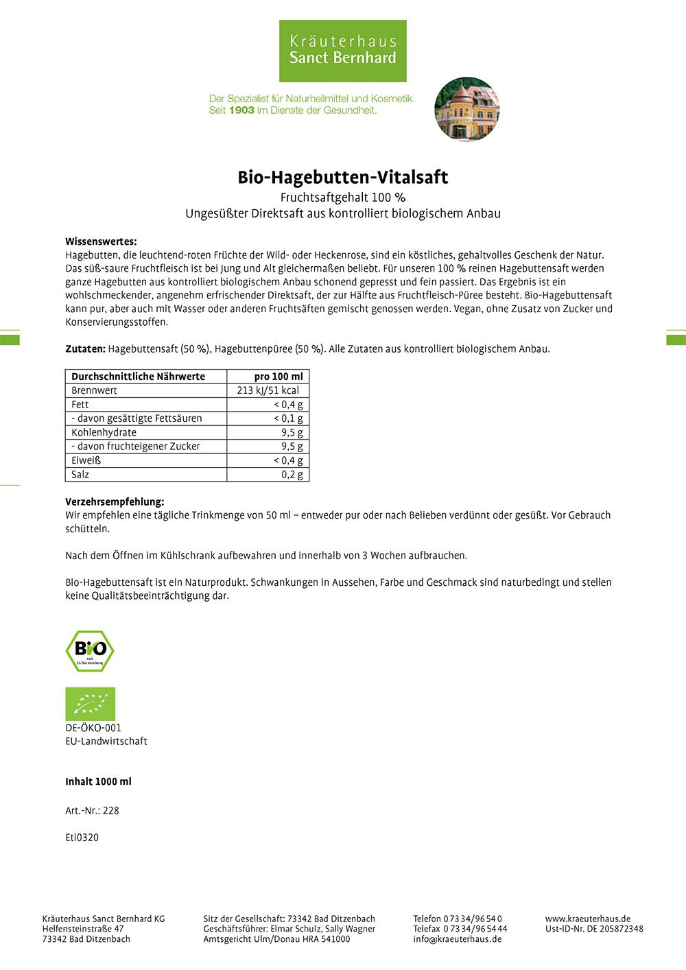 Sanct Bernhard Bio-Hagebutten-Vitalsaft