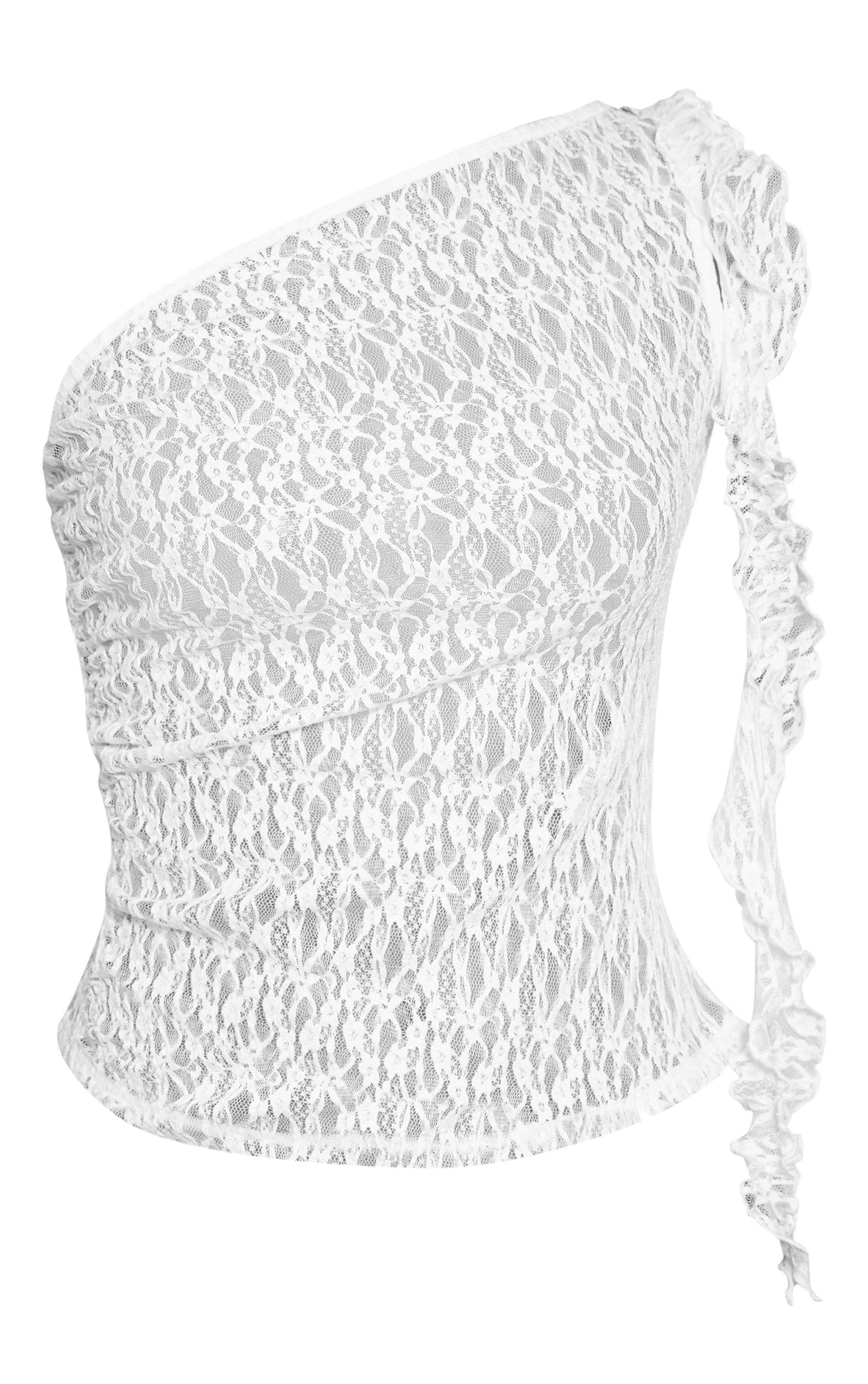 Blanc Top Asymétrique À Détail Drapé À Volants En Dentelle Texturée