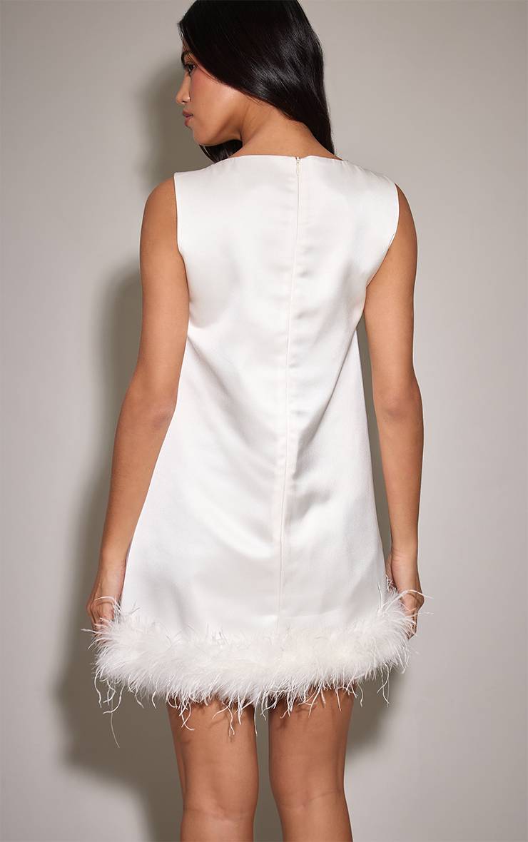 Blanc Robe Droite Tissée À Ourlet Plumes