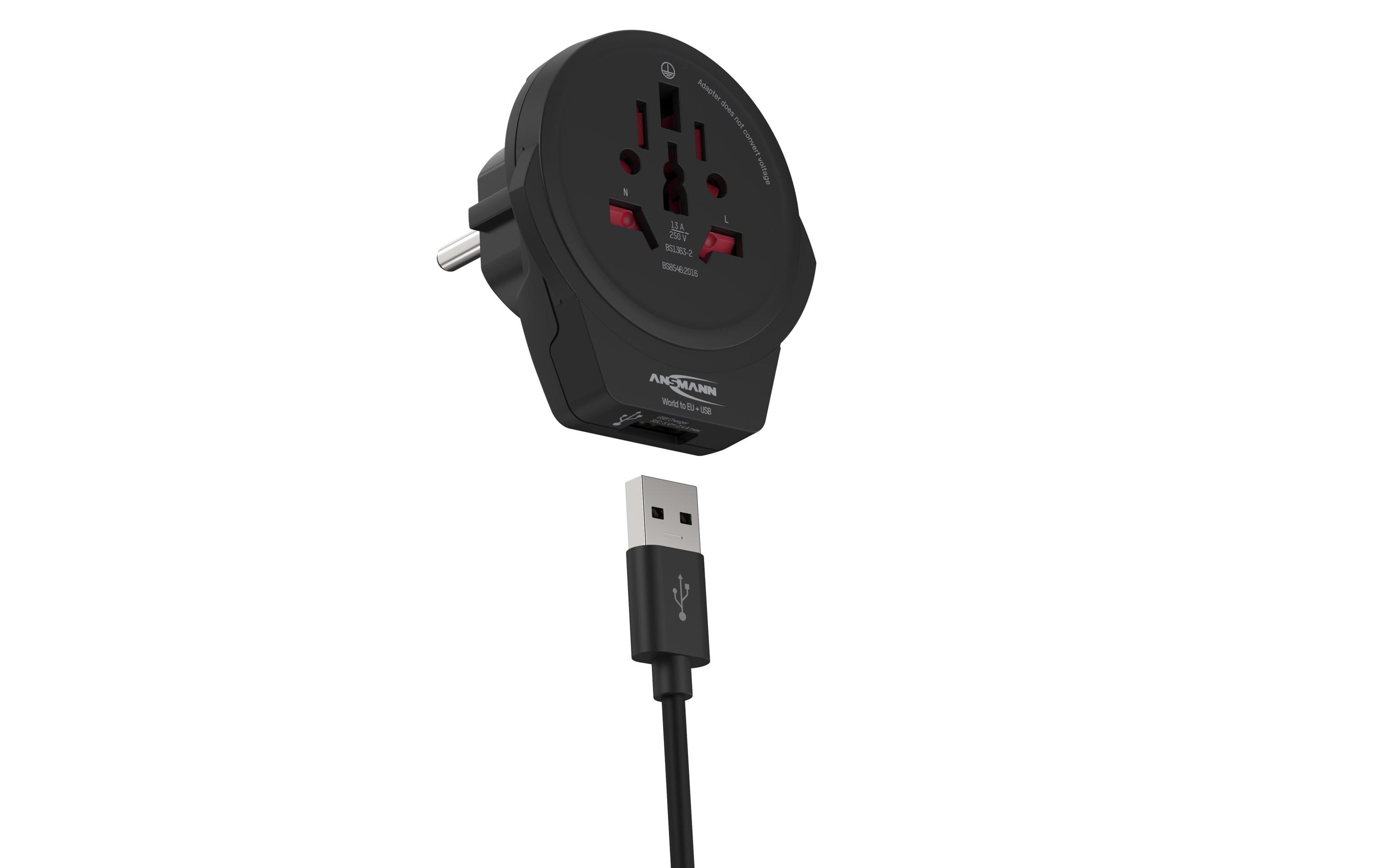Reiseadapter World to EU + USBKompakter Reisestecker mit Schutzleiter und USB Ladeanschluss