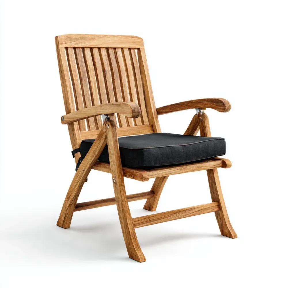 Klappbarer Gartenstuhl aus Teak mit schwarzem Polster