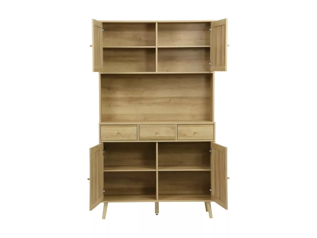 Buffet de cuisine BOHEME décor bois et cannage 4 portes 3 tiroirs 110 cm. Naturel. pieds en bois de pin revêtement papier
