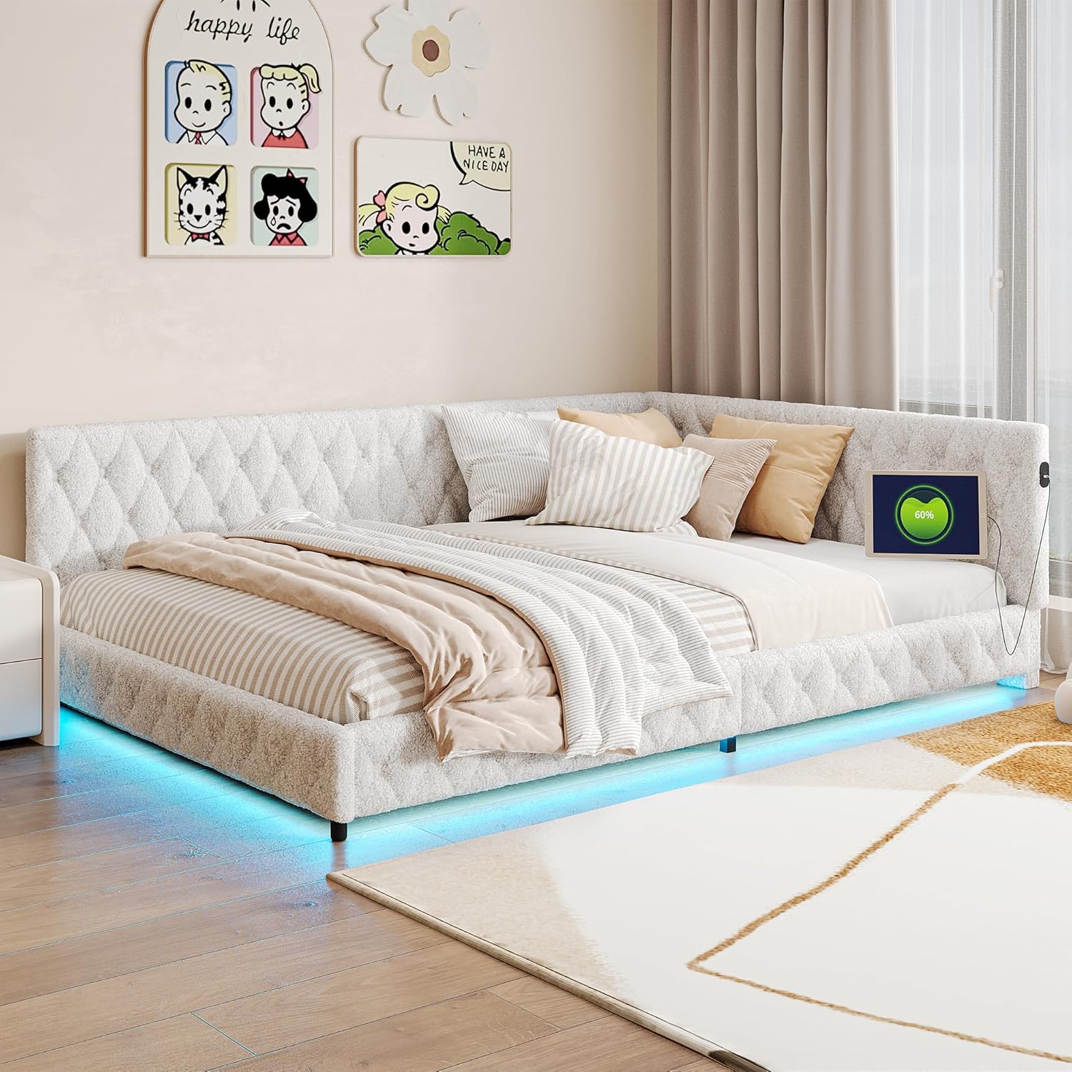 Polsterbett Schlafsofa 140x200 cm, Tagesbett 140x200, L Form Daybett, Jugendbett mit LED und USB, Doppelbett mit Lattenrost, Teddy-Samt, Ohne Matratze (Weiß)