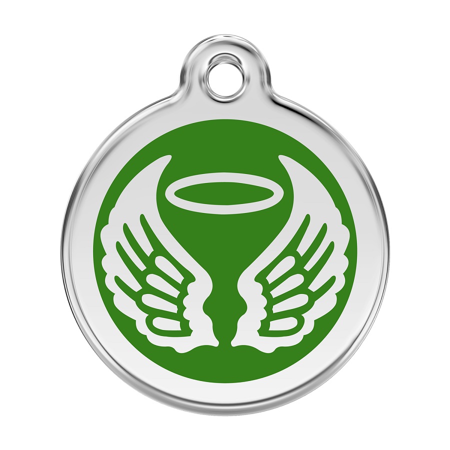 Placa de identificação para cães em aço inoxidável esmaltado com asas de anjo verdes.