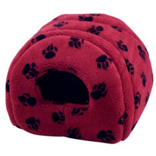 Cama de gato em formato de iglu cor vinho com estampa de pata