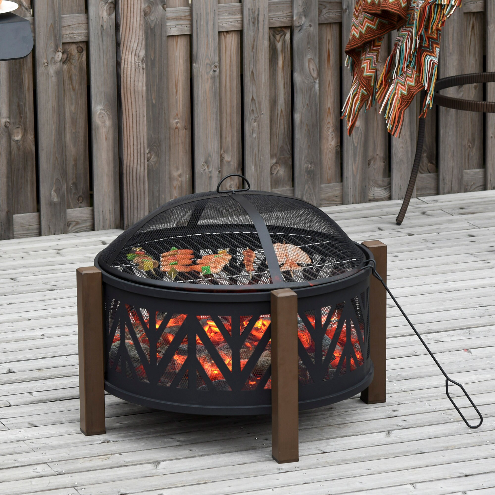 Outsunny Feuerschale mit Grillrost schwarz, braun Ø78 x 60H cm
