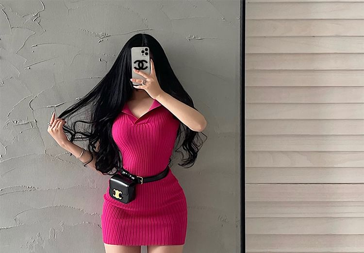RainGirl - Mini-jurk met korte mouwen, kraag en geribbelde afwerking