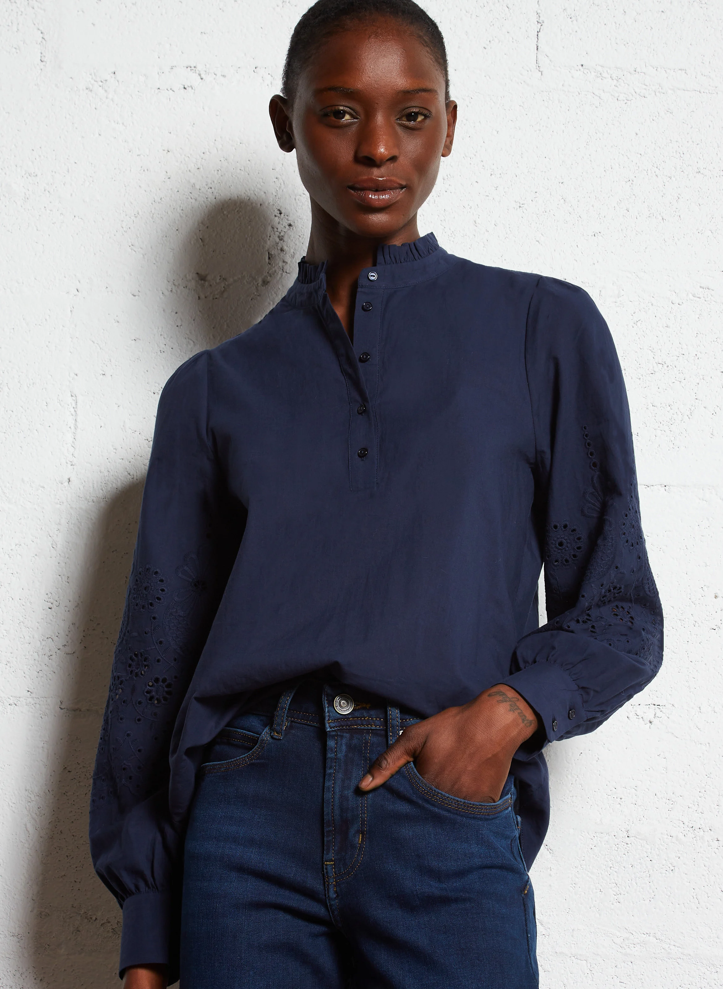 CHALIBA - Blouse col victorien en coton | Bleu