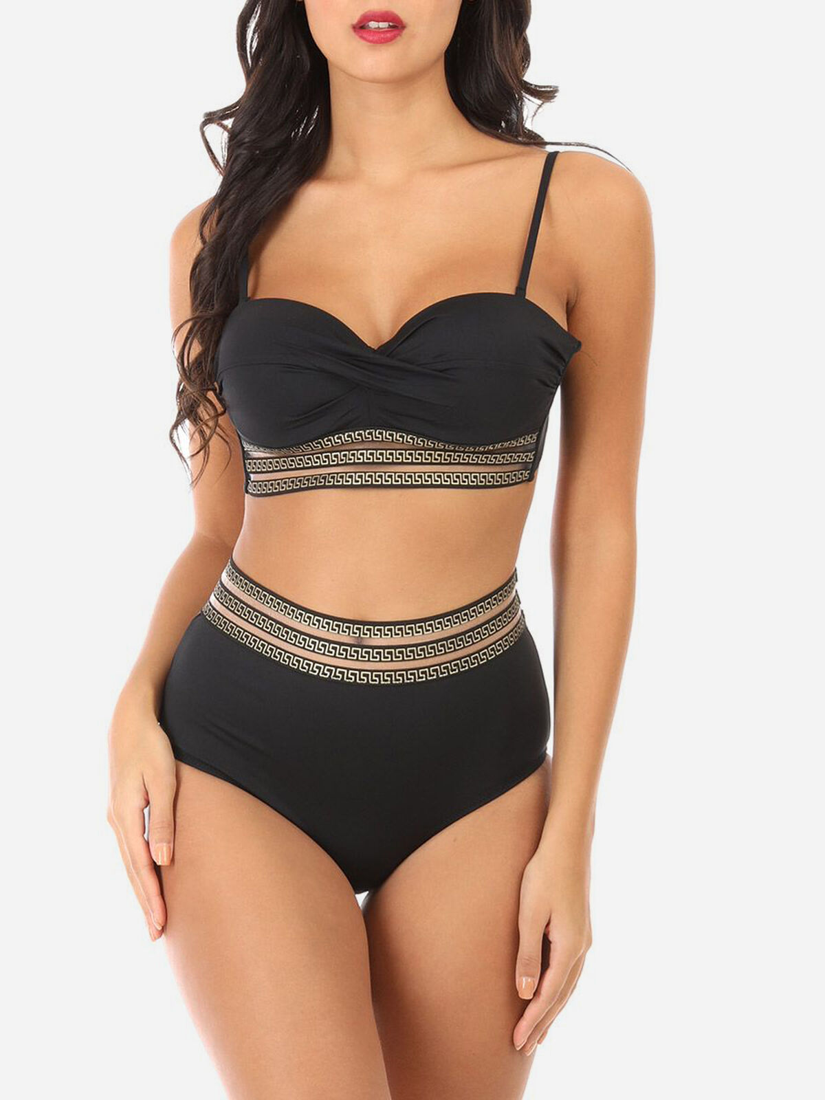 Maillot de bain 2 pièces à motif Grecque- Noir
