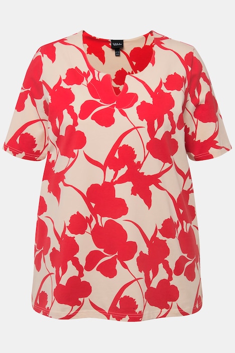Tunika-Shirt, Blüten, A-Linie, Tunika-Ausschnitt, Halbarm