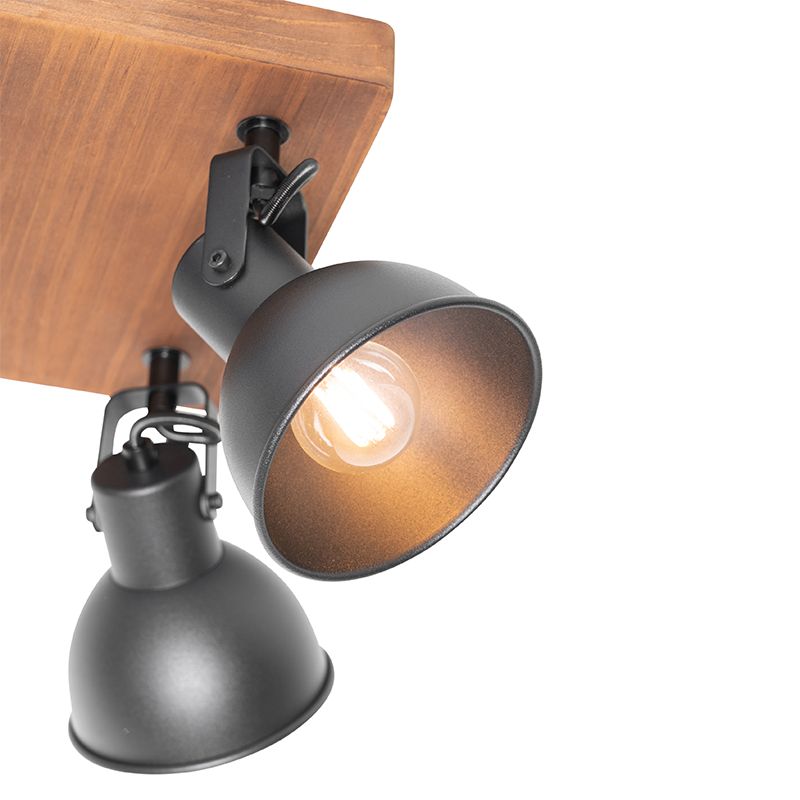 Industriële spot zwart met hout kantelbaar 4-lichts - Tommy