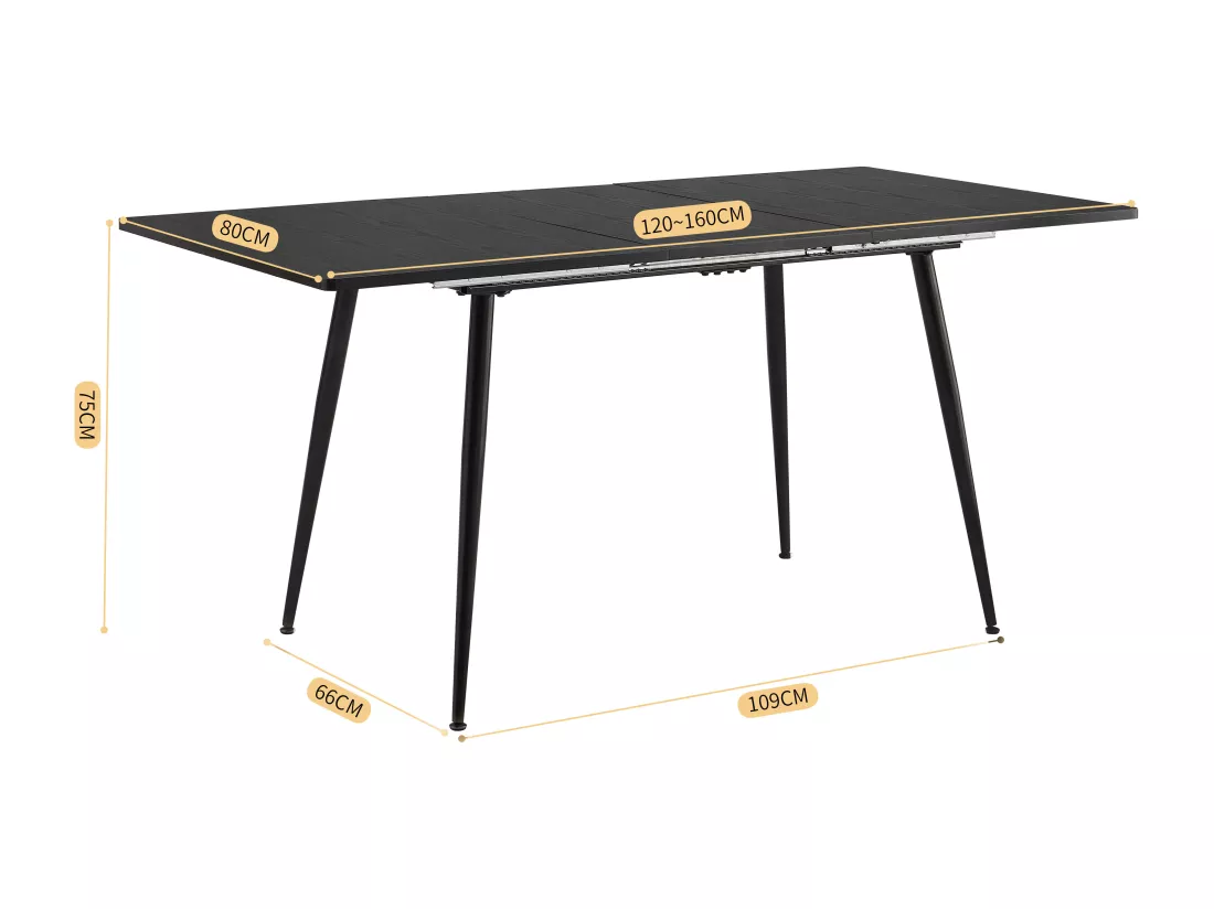 URBAN MEUBLE Table de salle à manger rectangulaire extensible noir effet bois de style scandinave pieds noir 120-160 WHALEN DARK WOOD STRETCH TABLE BLACK LEG