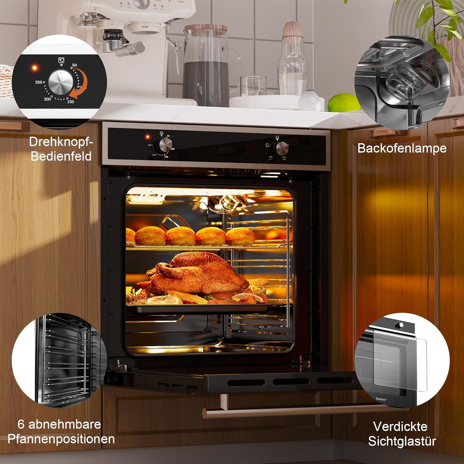 Karinear Einbaubackofen 60 cm mit Drehknopfsteuerung, Backofen Einbaugerät 60 x 60 cm mit 4 Programmen, 50-250 °C mit Gehärtete Glasplatte, Einbauofen mit Stecker, 2200W, 65L