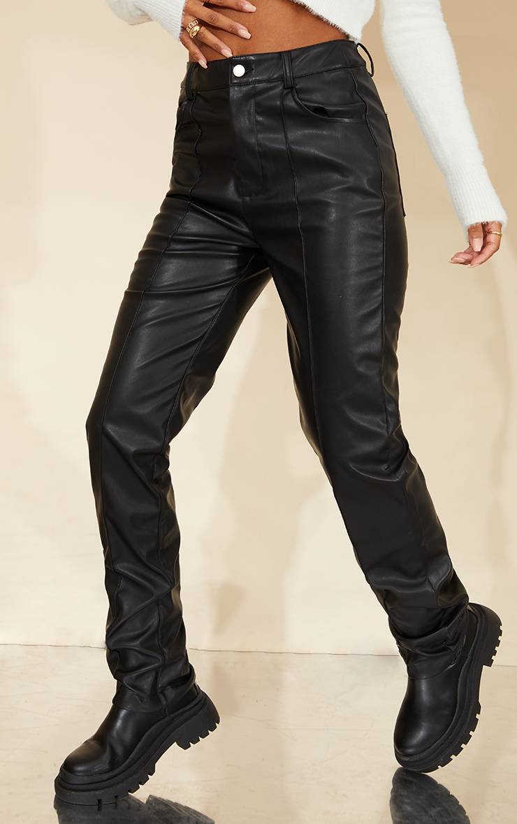 Noir Pantalon Droit En Synthétique Avec Boutons