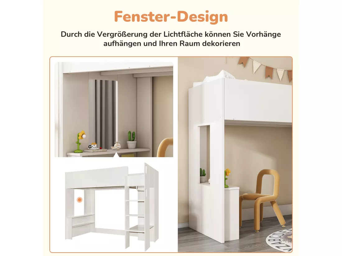 Lit mezzanine 90 x 200 pour enfant, Lit polyvalent 3 en 1 avec armoire, étagères ouvertes et escalier, Panneau de particules, Blanc