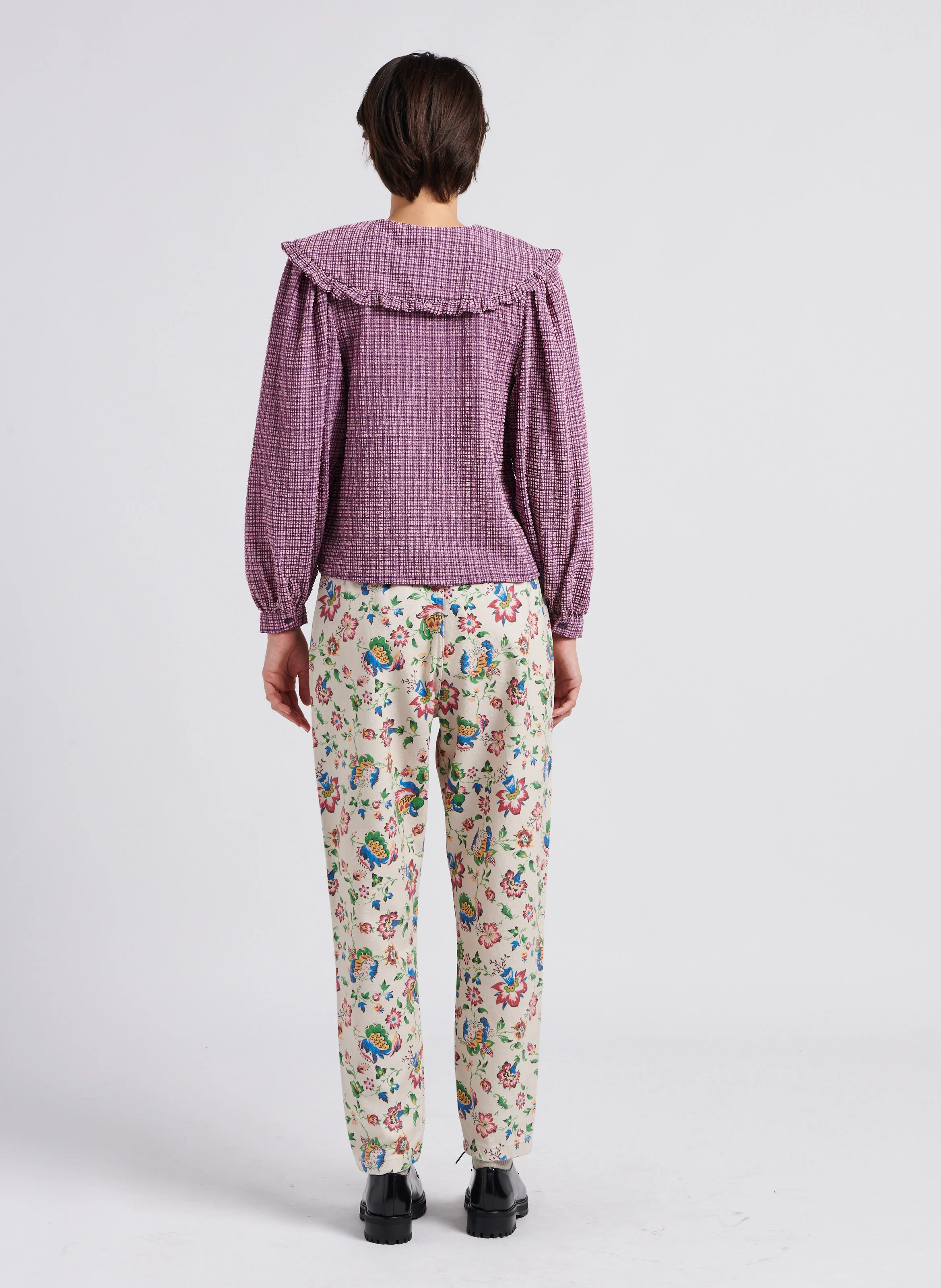 RENE - Pantalon carotte imprimé à fleurs en coton mélangé | Bleu