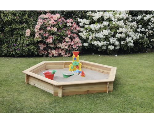 Fynja zeshoekige zandbak met wit zeil, hout, 173 x 148 x 21 cm, natuurlijke afwerking