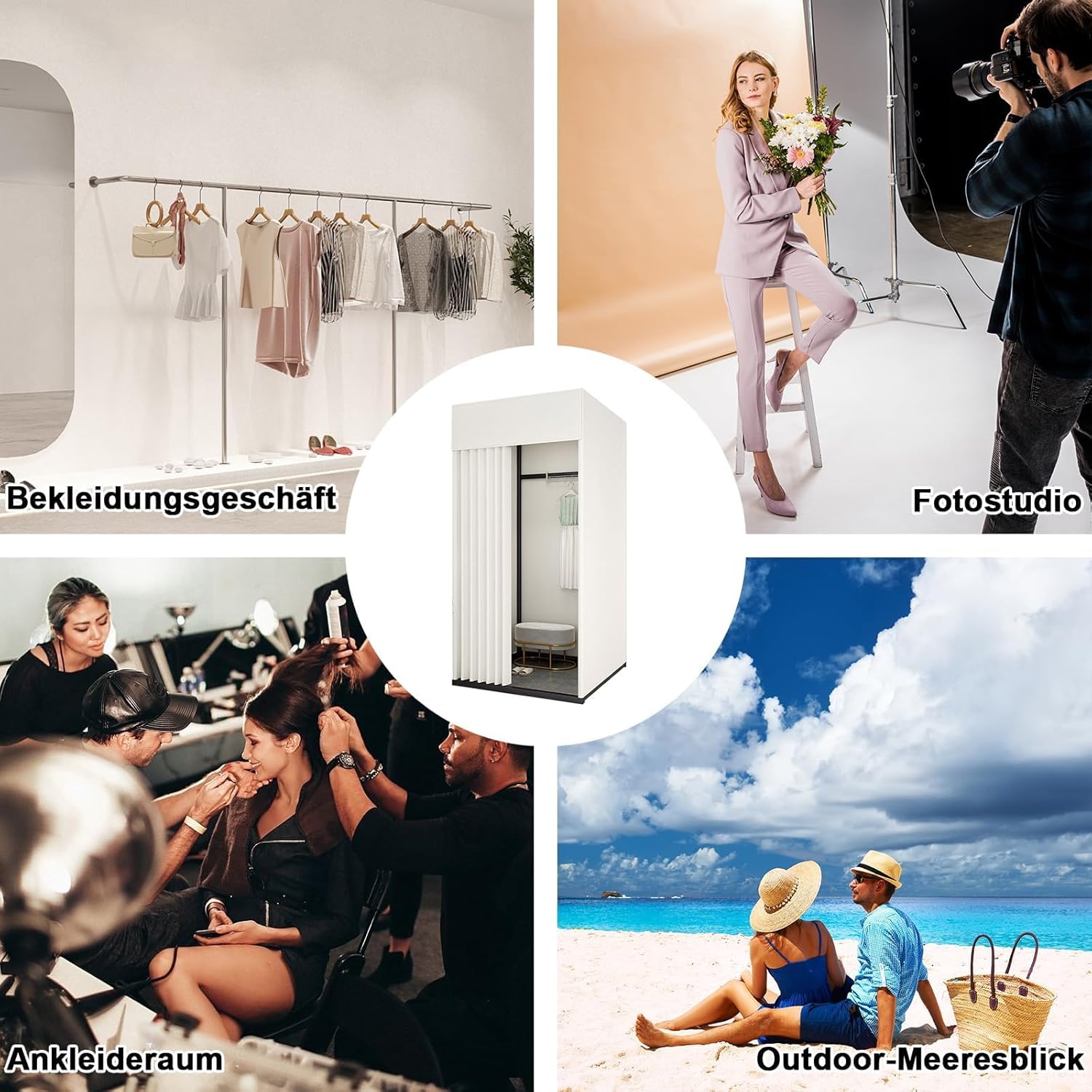 Umkleidekabine Freistehend,Quadratische Umkleideraum,Mobile Anproberaum mit Vorhang und Haken, für Bekleidungsgeschäfte, Boutiquen,Büro und Einkaufszentrum (Weiß, 100x100x200cm)