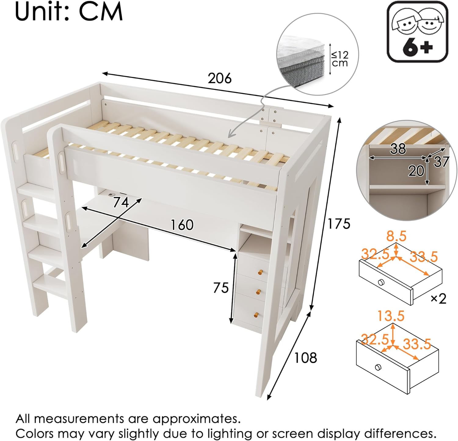 Kinderbett 90x200 cm Hochbett mit Schreibtisch und USB Type-C, Etagenbett Bett mit Stauraum Schublade, Einzelbett mit Lattenrost, Jugendbett mit Leiter und Rausfallschutz, Ohne Matratze, Weiß