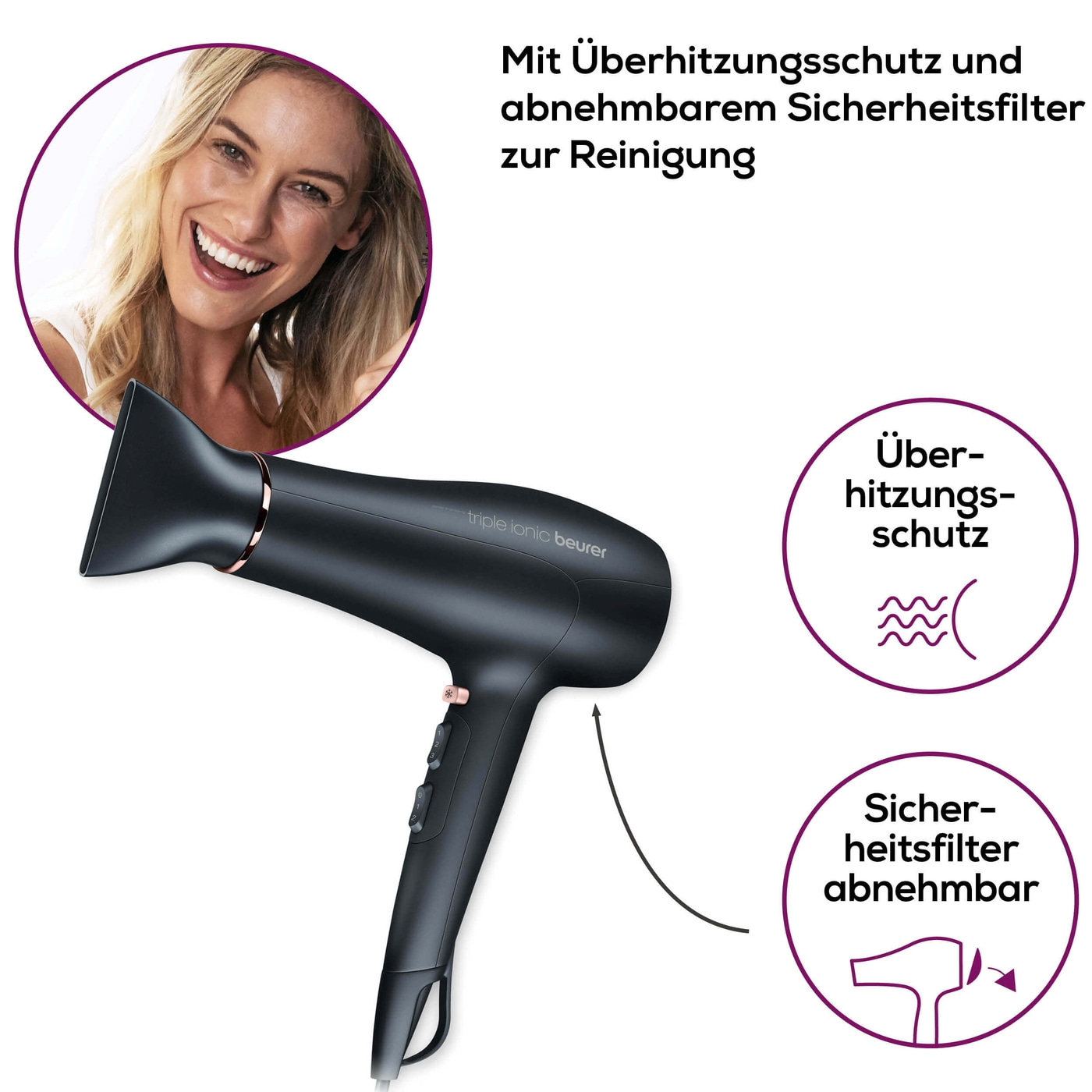 HC 50 Style Pro Haartrockner Haar Styling Haarföhn mit 2 Aufsätzen (59383) - Schwarz / Roségold