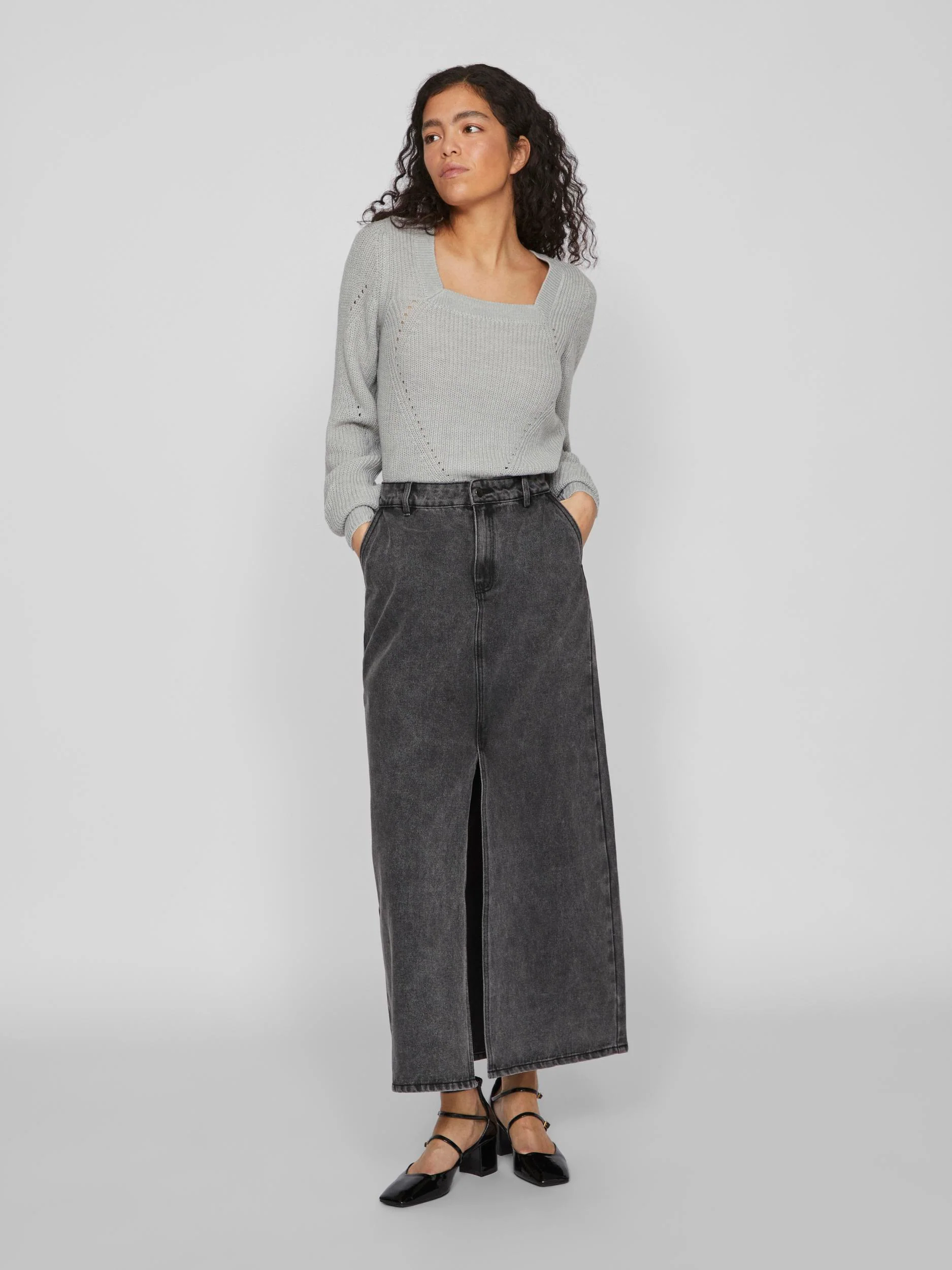 Vila  Vikira Long Washed denimnederdel - sort