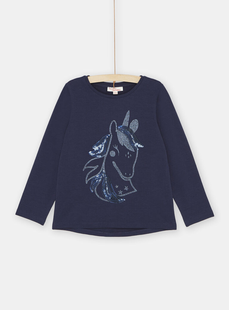 T-shirt bleu marine à motif licorne fille