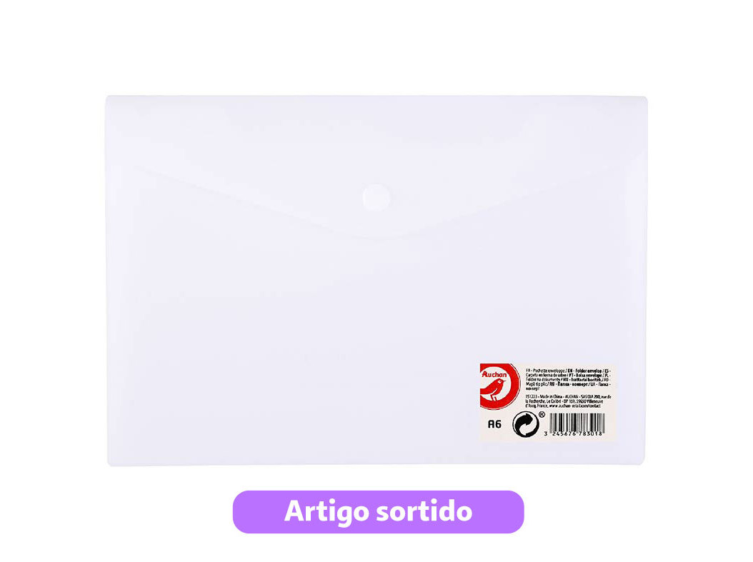 PASTA ENVELOPE AUCHAN TRANSPARENTE A6 CORES SORTIDAS