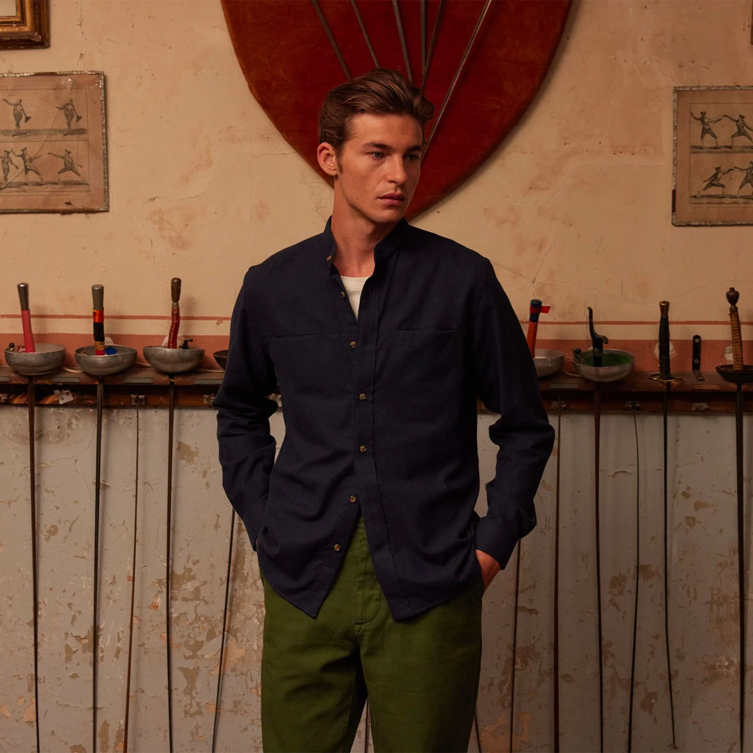 Navy cotton and tencel flannel shirt