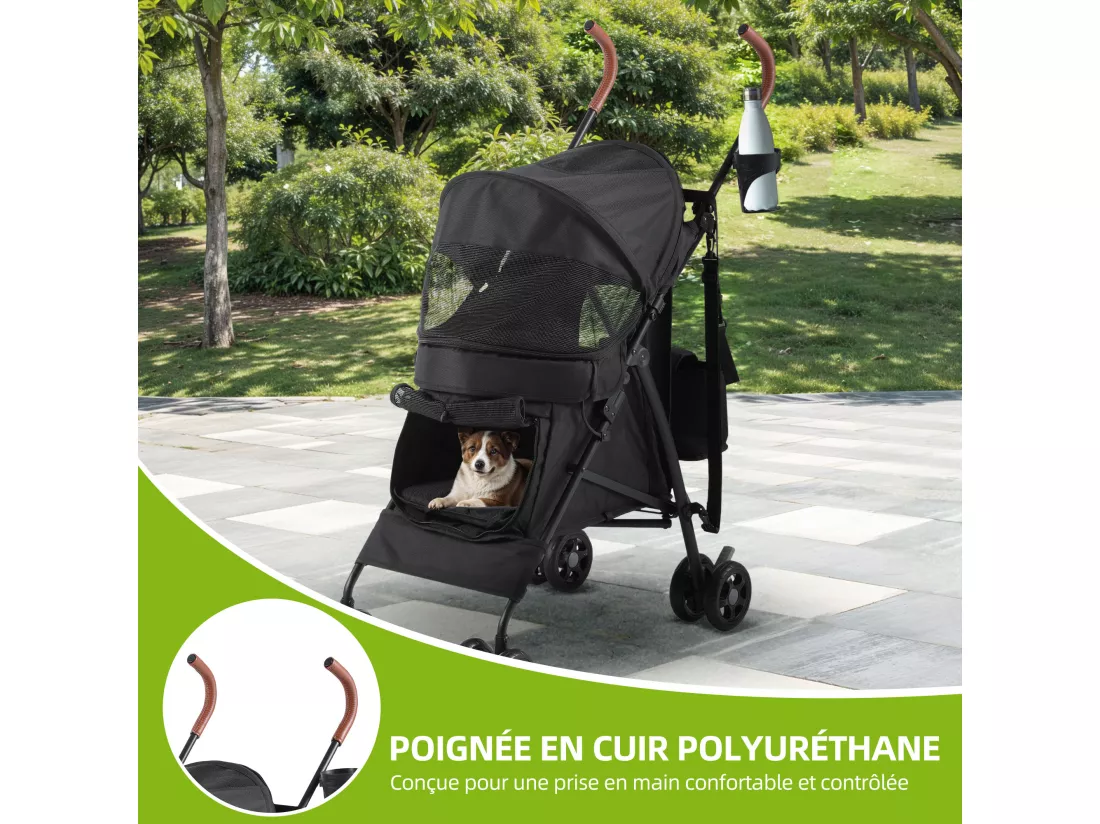 YITAHOME Poussette pour Chiens de Petite et Moyenne Taille - à 4 Roues avec Bretelles - Pliable - Porte-Gobelet - Noir