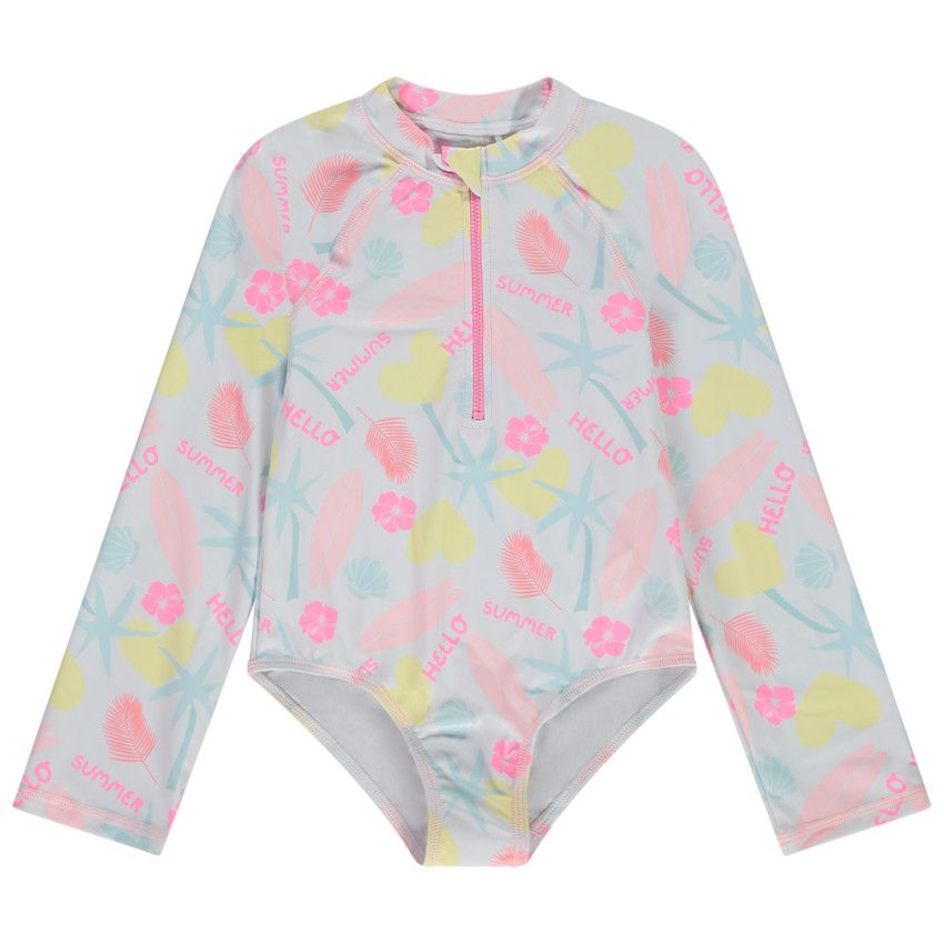 Maillot de bain 1 pièce anti-UV imprimé exotique pour fille - Blanc
