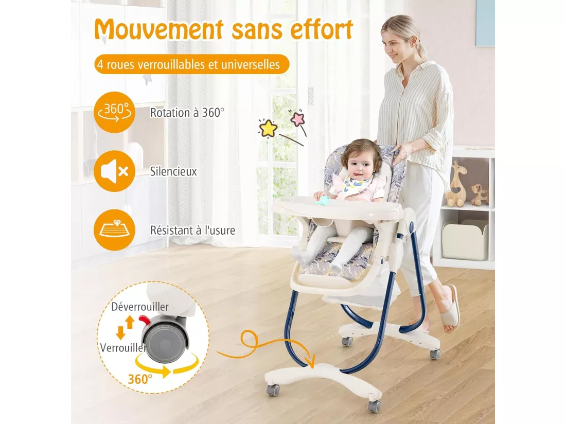 Chaise Haute Bébé Convertible, Chaise Portable pour Tout-Petits avec Double Plateau, Siège Enfant avec Hauteur/Dossier/Repose-Pieds Réglables, Roue Verrouillable, de 6 à 36 Mois (Bleu Marine)
