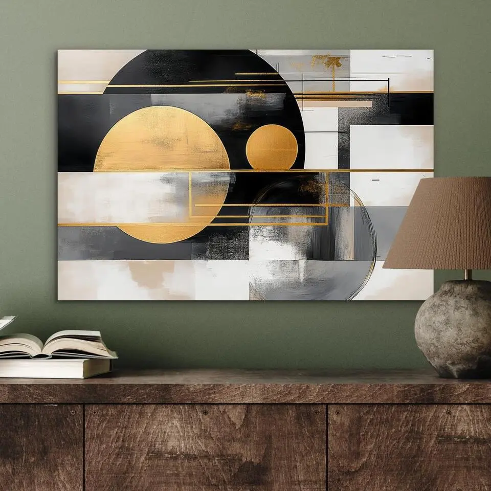 MuchoWow Aluminium Schilderij 60x40cm Abstract Goud Zilver Vormen