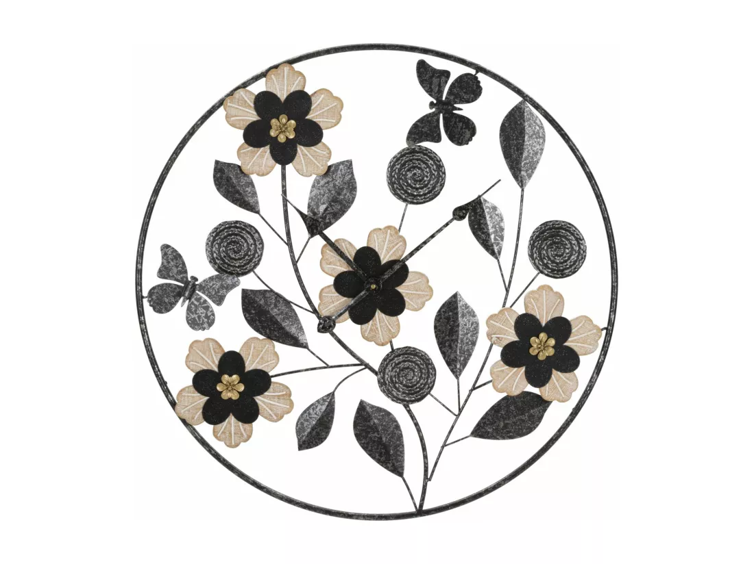 Horloge Murale Rond Divaker - Cadre Décoré avec Motifs Fleurs, Feuilles et Papillons - Ø 67x5,5 cm
