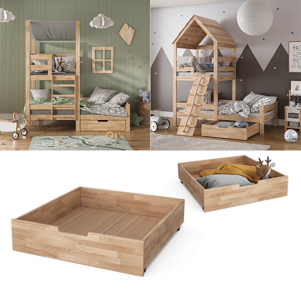VitaliSpa Bettschublade Schubladenbett Aufbewahrung Teddy Tom Natur 92x21 cm Kinderzimmer Bett Zubehör Spielzeug Ablage Buche Massivholz rollbar Spielturmbett