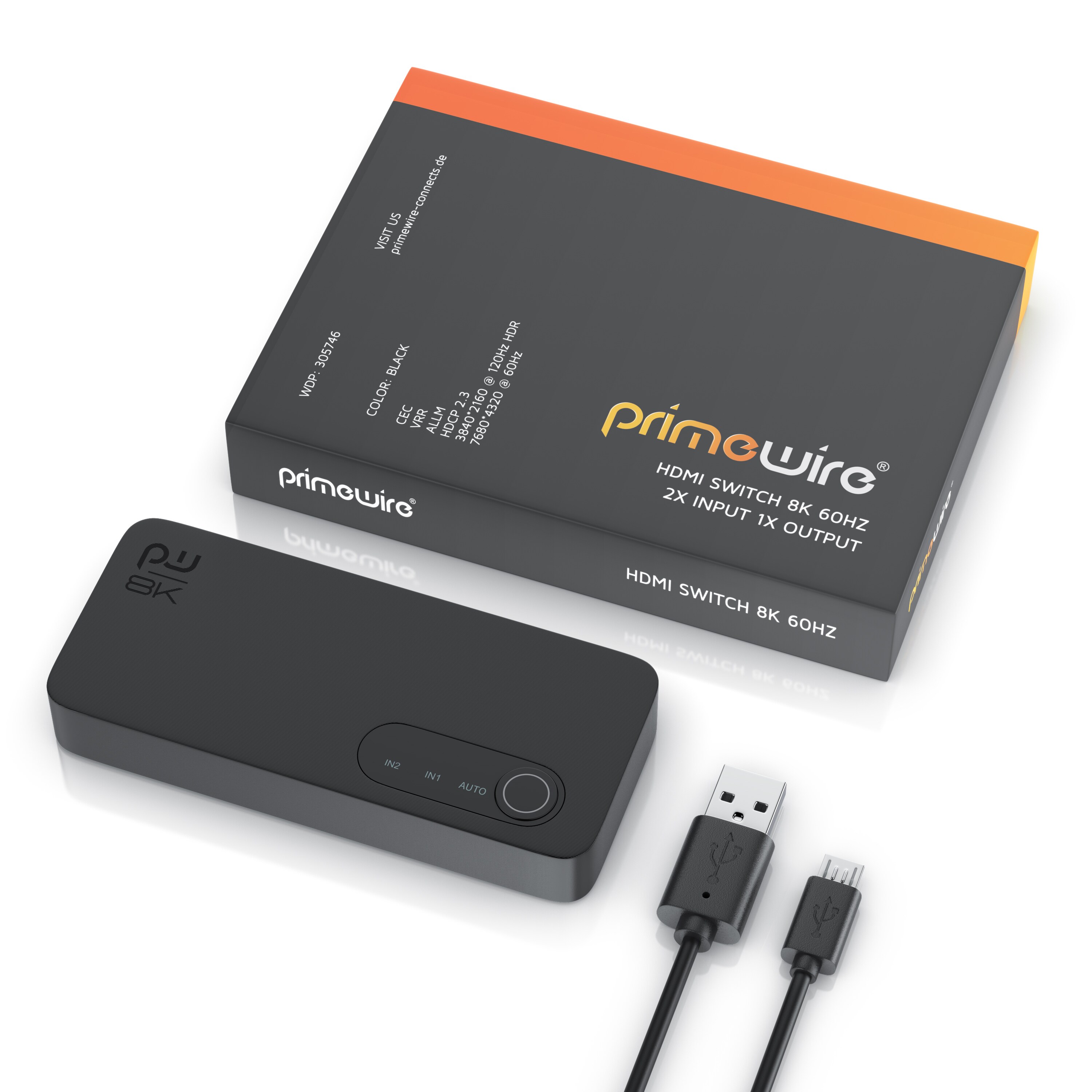 Primewire - HDMI Switch 8k 2.1 - 2X Input HDMI Buchse, 1x Output - Verteiler - 7680 x 4320 UHD II (4320p) 60 Hz - HDR 3D CEC - HDCP 2.3 - Umschalter