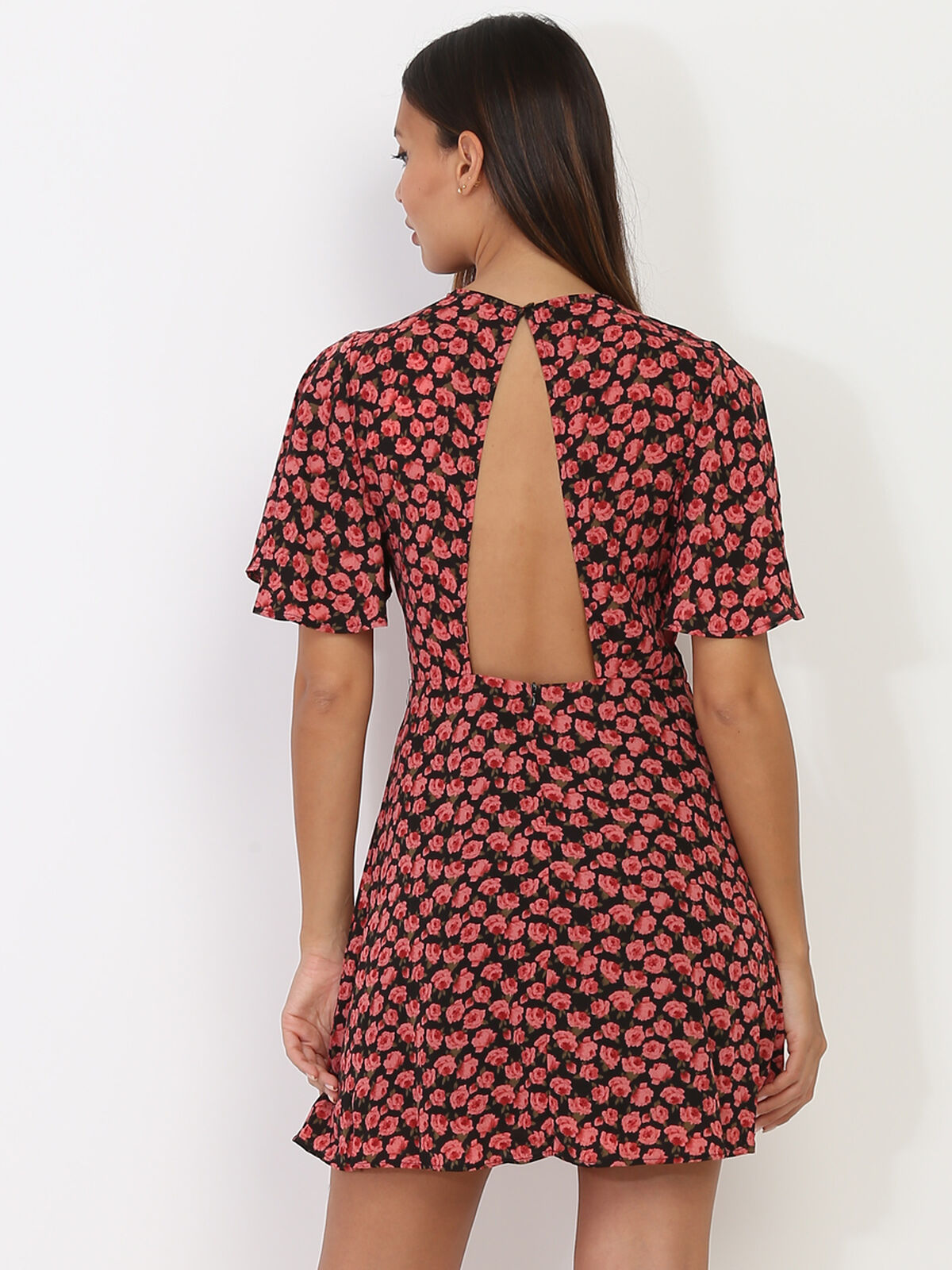 Robe patineuse dos nu à motif floral- Noir