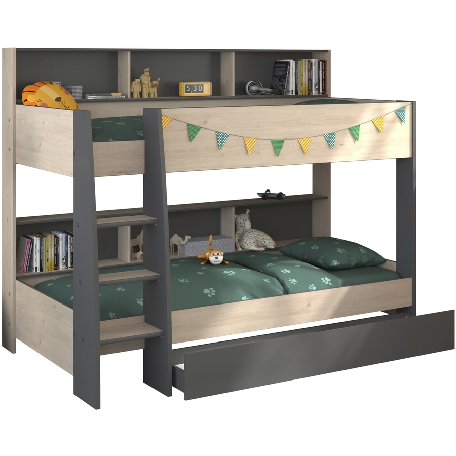 Parisot Etagenbett Tam-Tam 31 mit Bettschubkasten Grau in Eiche Jackson (90x200) Grau