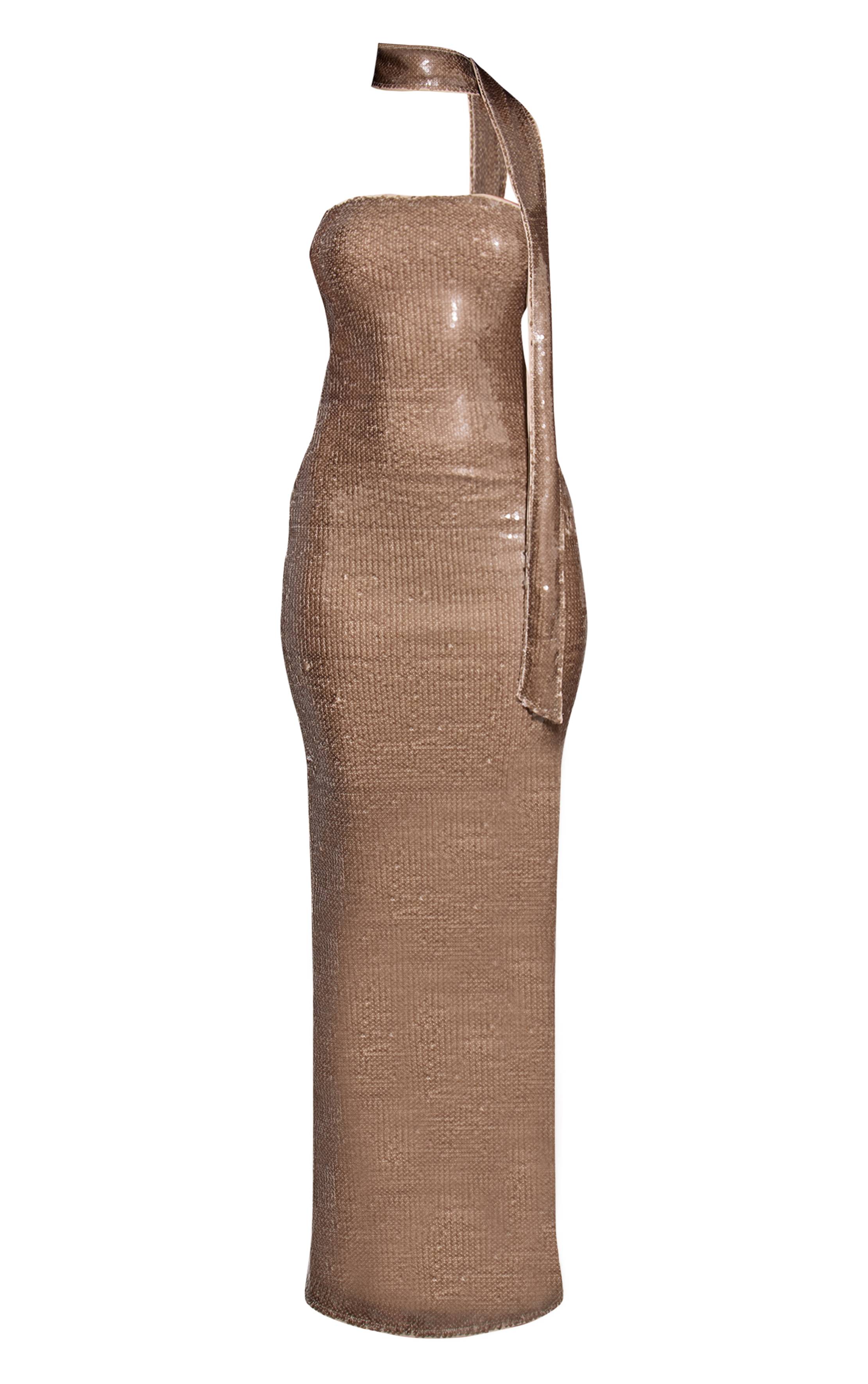 Taupe Robe Longue Bandeau À Détail Foulard À Paillettes