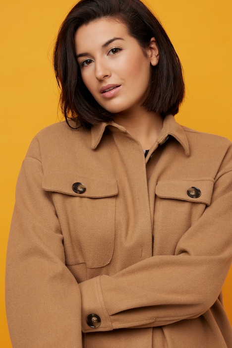 Hemdjacke, oversized, lang geschnitten, Wolloptik, Hemdkragen