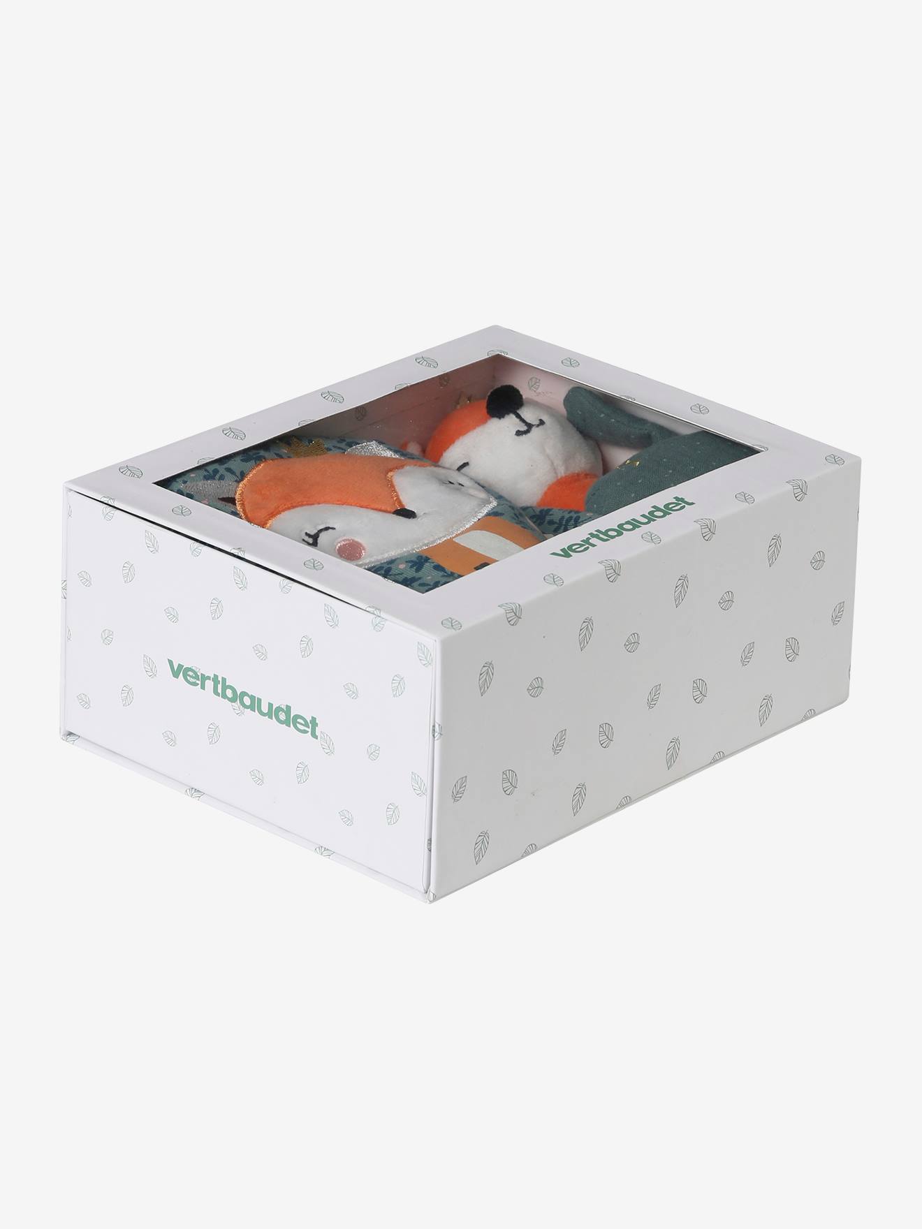 Conjunto para presente com 3 itens: pano para doudou + chocalho + livro ilustrado laranja